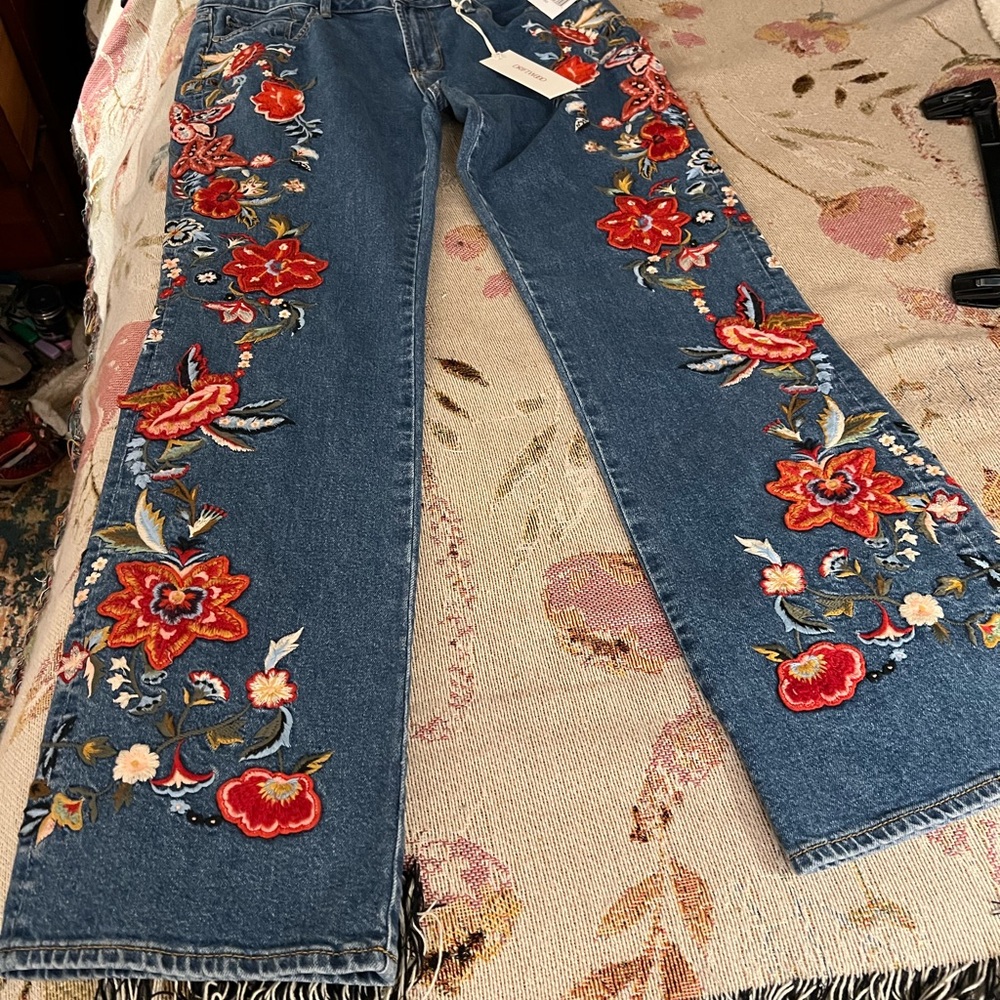 DRIFTWOOD Blue Jeans with Red Floral Embroidery